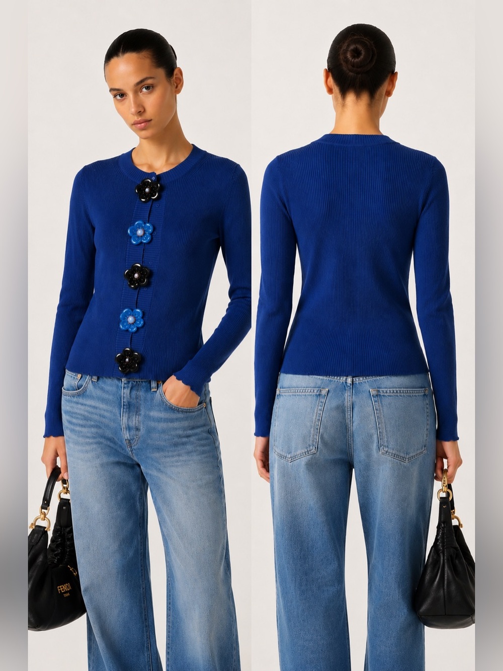 Fendi Blue Ribbed Cotton Cardigan Leather Floral Button Appliqué Sweater 💙 IT 40